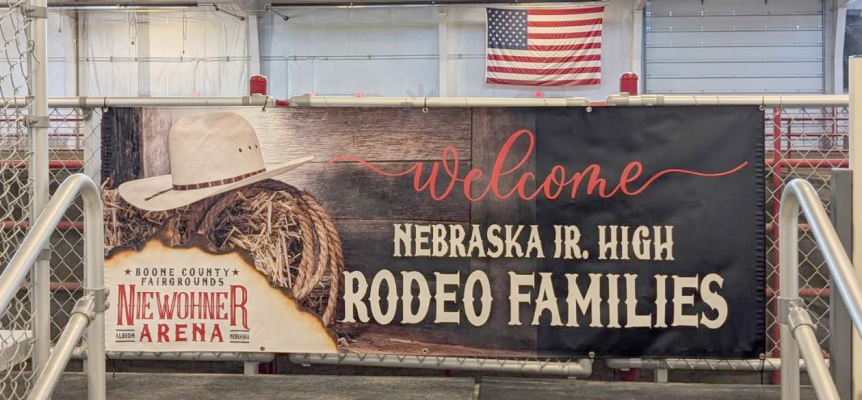 A banner welcoming the Junior High Rodeo families at the Arena. Photo from BCF social media.