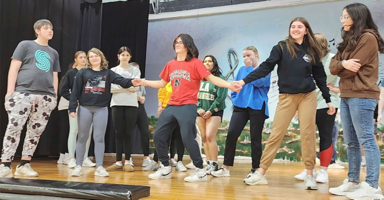 MUSICAL REHEARSALS -- This year’s Boone Central Musical will be Roger’s and Hammerstein’s “Cinderella.” Rehearsals are now underway for the production, which will be staged March 15-17 in the Performance Gym. The updated story has a few changes to appeal to modern audiences. Above, students rehearse a scene where the ladies fight over Prince Topher (Nathan Devine) at the ball.