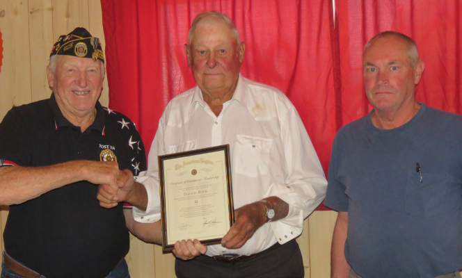 Pictured Hank Thieman(has Legion Shirt on) Post 334 Legion Commander, Doug Rueth and Secretary Jerry Schrage.