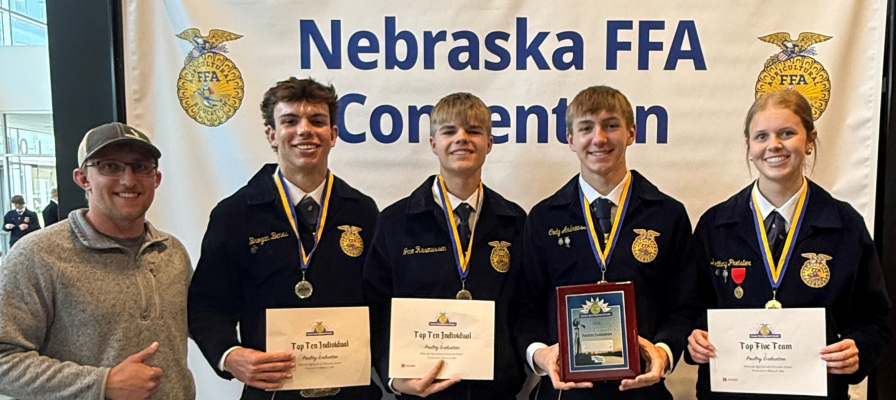 State Champion Poultry Evaluation team (l to r): William Karmann- Coach, Brogan Benes, Jace Rasmussen, Cory Andreasen, Bethany Preister
