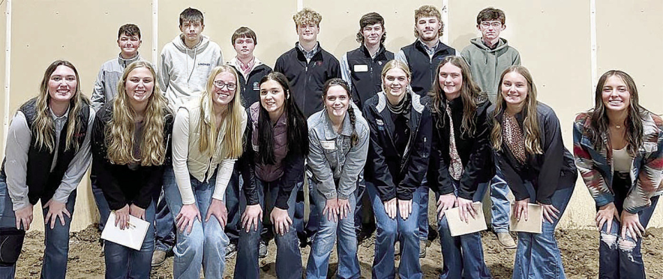 LIVESTOCK JUDGES from Newman Grove participating in districts were (back, l-r) Kody Sueper, Max Stenger, Brody Wiese, Kaden Sueper, Oliver Kaufman, Owen Kaufman and Dylan Luetkenhaus; (front) Halie Nelsen, Emily Schlecht, Kailey Patzel, Allyx Forre, Aubree Whitaker, Brylee Patzel, Sierra Reardon, Callista Reichmuth and Isabella Gaspers.