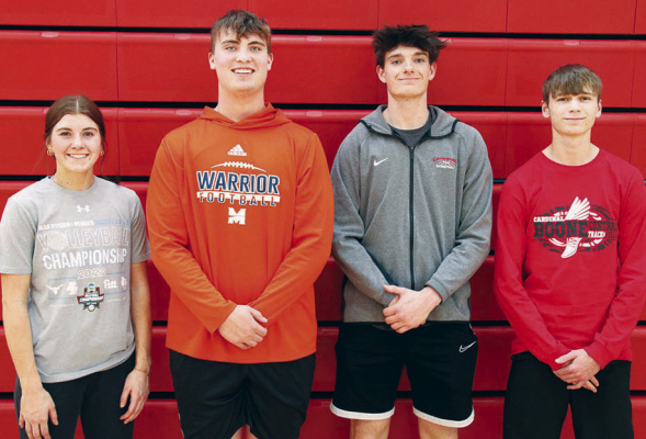 Boone Central Cardinals receiving Mid-State Conference basketball awards for 2023-24 are (from left), Addy Hedlund (All-Conference), Trent Patzel (Honorable Mention), Ben Reilly (Honorable Mention), Connor Christo (All-Conference). (Photo, Jim Dickerson, News/Tribune)