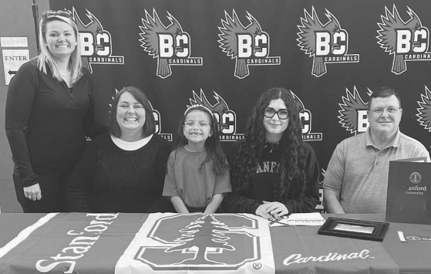 SIGNING DAY -- Family members attending Bella Meyer’s formal signing with Stanford University were (l.-r.) her sister Alee Mullings, mother Elizabeth Meyer, niece Coraline Camarillo, Bella and her father Rob Meyer.