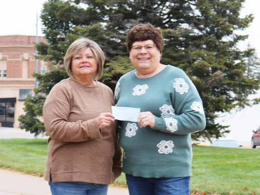 Cornhusker Public Power Trustee Cindy Hemmer (right) presents $200 to Albion Chamber of Commerce for lights and a tree topper. Accepting the check is Board Member Lori Krohn (left).