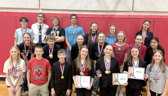 Cardinal Call Out competitors, back row (l to r): Lucas Moeller, Luke Smith, Ayden Smith, RJ Landauer, Kelby Rasmussen, Camryn Martin, Scarlett Meyer; middle Row (l to r): Lillian Kalvelage, William Kuester, Paxtyn O’Connor, Skylar Porter, Arabella Samuelson, Mariah McGill, Sharon Estrada; and front Row (l to r): Willow Provencher, Kolby Pedro, Reid Buck, Kinley Spangler, Mia Curry, Hadley Schriver, Samatha Krohn