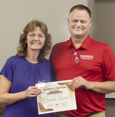 CHAPTER FOUNDER -- Jeanette Zwiener, l., accepts her special award certificate from President Roger Gentrup.