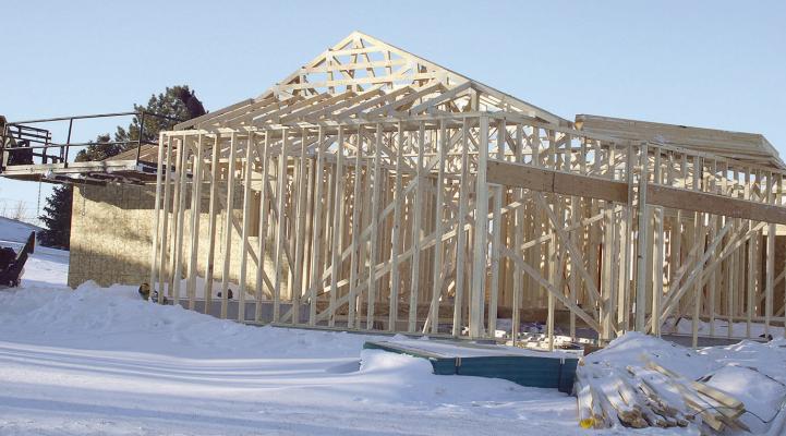 FRAMING WORK underway on one of the two Albion houses being built with funds from the city’s Rural Workforce Housing Fund grant.
