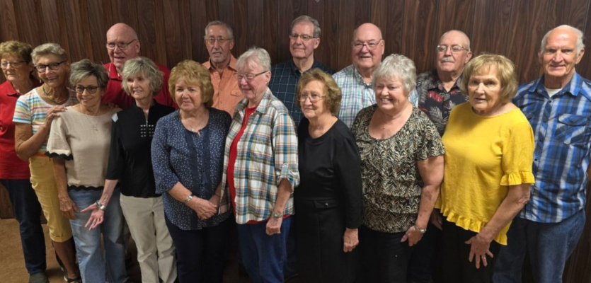 Back row: Sandy (Kallhoff) Kerkman, Jim Ketteler, Ray Thieman, Ron Weis, Tom Arends, Larry Petsche, Lenny Schrad. Front row: Mona (Daniels) Thieman, Lucy (Thiem) Morgan, Marilyn (Camp) McCunne, Joyce (Arends) Bottorf, Sharon (Reed) Svoboda, Rose (Lordeman) Weihn, Meg (Camp) Krause.