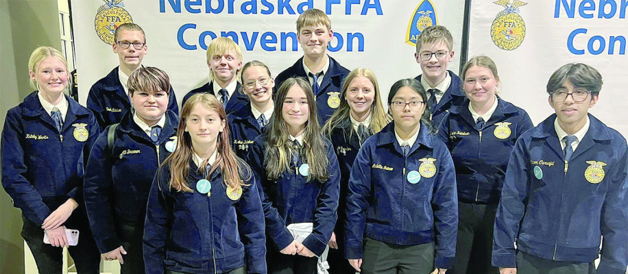 ST. EDWARD FFA members attending last week’s State FFA Convention were (back, l.-r.) Katelyn Werts, Noah Ketelsen, Carter Anson, Ryan Cumming and Kalvin Sindelar; (middle) Alli Brauner, Rebekah Ketelsen, Olivia Reardon and Lydia Ketelsen; (front) Lexi Strain, Josie Sock, Arlette Irineo and Abner Carvajal.