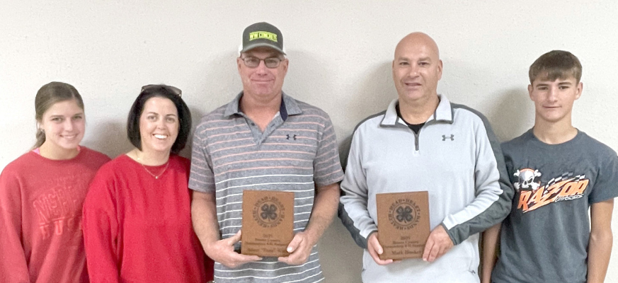 The 2025 Boone County 4-H Supporter Award was presented to Adam Wies and Mark Hooker. Pictured with family members Karlie and Jeri Wies and Preston Hooker.