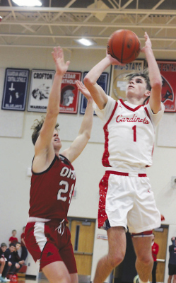Boone Central junior Connor Christo rises for a shot during sub-district basketball action in Albion this past week. (Patzel photo)