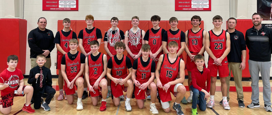 Mid-States Conference Champions: Boone Central Boys Basketball, back row (l to r): Coach Aaron Allgood, Jace Rasmussen, Jude Spann, Connor Christo, Dalton Young, Kade Hudson, Cody Andreasen, Brogan Benes, Jacob Miller, Head Coach Corey Thome, Coach Jordan Temme; front row: Kanon Temme, Trevor Larsen, Riley Nelson, Kaden Miller, Dayton Choat, Preston Hooker, Lenyn Ickler and Conner Kuester.
