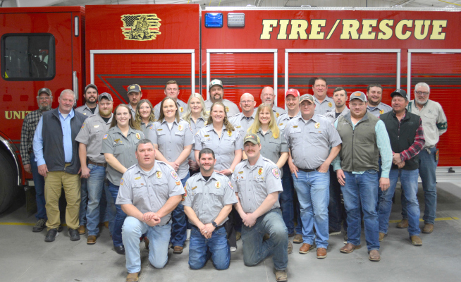 Members in attendance at banquet (years of service to AVFD), Row 1 LtoR: Jason Borer (16), Weston Ray (10), Mark Tisthammer (9); Row 2 LtoR: Whitney Paulson (14), Mckenna Rossmeier (1), Kelli Tisthammer (6), Jessica O’Brien (6), Clay Thompson (11), Brian Dozler (Rural Board - year 1); Row 3 LtoR - Tom Sullivan (Rural Board, 16 years), Taylor Nelson (7), Alexa Nelson (2), Shalynne Hohnholt (1), Tony Levander (13), David Lueken (5), Isaac Reeder (1), Ron Dozler (Rural Board President, 10 years)