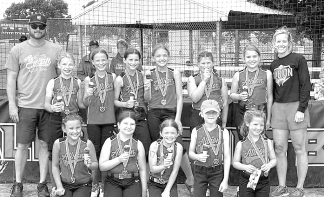 Albion’s 10-and-Under “Blue” girls’ softball team was able to take the Champion title at their league tournament mid-June. The team includes, back row: Coach, James Kunzman; Brooklyn Wiese; Adaleese Peters; Brielle Hagemann; Adelynn Devine; Pearl Smith;