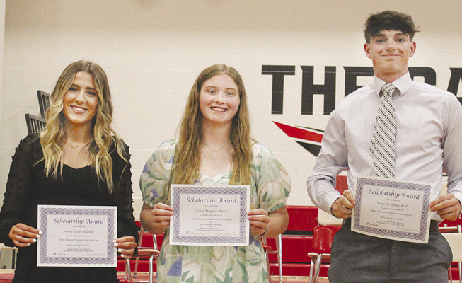 RECIPIENTS of the Albion Education Foundation Scholarships for 2024 are, l.-r., Marisa Malander, Gold; Cassidy Maricle, Silver, and Ben Reilly, Bronze.