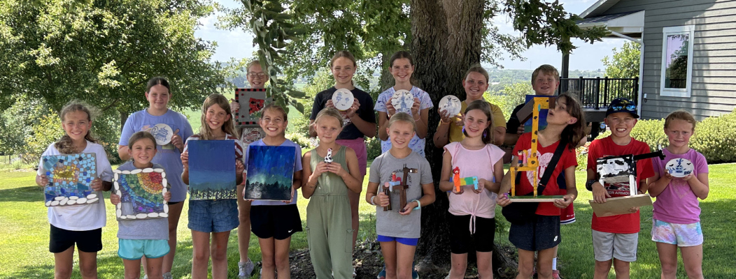 The first session of art students at Art Camp 2026 included, back row (l to r): Kaitlin Winters, Avery Peterson, Stella Smith, Hailey Olson, Bella Moeller, Brody Rankin; and front row: Cora Moeller, Willow Keshel, Julia Seda, Clara Braun, Corey Zoucha, Brooklyn Becker, Claire Banzhaf, Annabelle Banzhaf, Jace Thayer, Ellie Nelson. Not pictured—Nora Flanagan