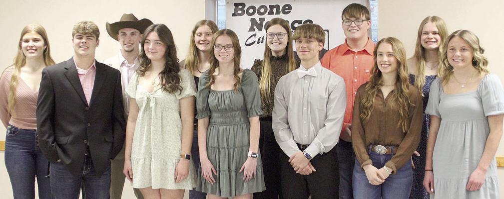 SCHOLARSHIP RECIPIENTS at the Boone-Nance Cattlemen’s Banquet last Saturday included (front, l.-r.) Kolton Rasmussen, Brooke Brengelman, Taylor Beierman, Dylan Choat, Brenna Martinsen and Claire Primrose; (back) Kathryn Kohtz, Brant Benes, Cassidy Maricle, Audra Groth, Colton Bernt and Natalie Pelster.