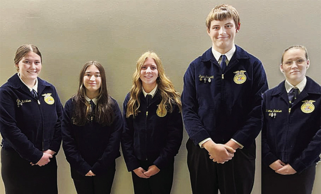 STATE QUALIFIERS -- St. Edward FFA livestock management team will represent their chapter in state CDE contests this year. Team members are (l.-r.) Lydia Ketelsen, Josie Sock, Olivia Reardon, Ryan Cumming and Rebekah Ketelsen. The team placed second in their district contest last Friday.