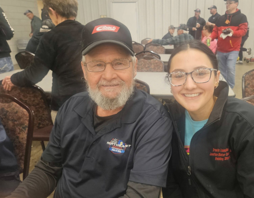 Mike Landauer at the HOF announcement, and granddaughter, Breklyn. Picture from Boone Co Raceway social media