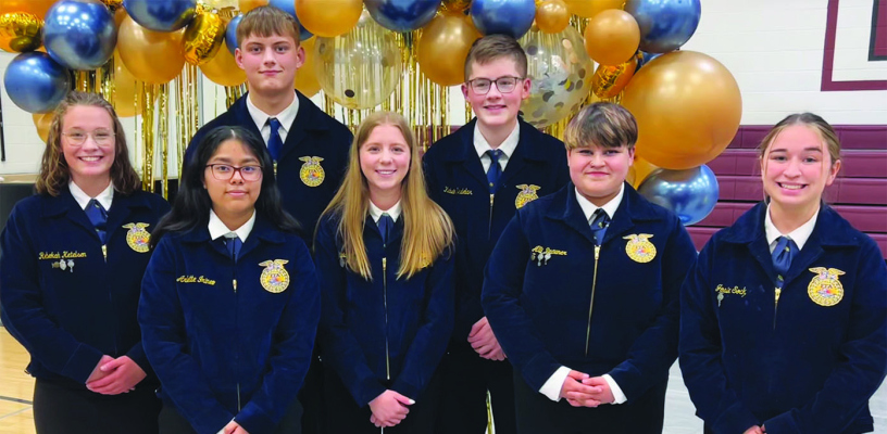 INCOMING OFFICERS for the 2024-25 St. Edward FFA Chapter are (back, l.-r.) Rebekah Ketelsen, Ryan Cumming and Kalvin Sindelar; (front) Arlette Irineo, Olivia Reardon, Alli Brauner and Josie Sock.