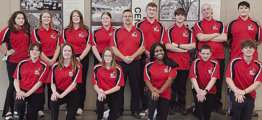 BOONE CENTRAL BOWLERS starting their season on Dec. 10 include (front, l.-r.) Vkvian Carnley, Sadie King, Jeydin Scheffler, Myah Lipker, Zeke Sandman and Preston Trollope; (back) Ryleigh Reel, Adilynn Scheffler, Autumn Scheffler, Bella Hamling, head coach Mike Trollope, Hadley Gulbrandson, Clay Sandman, Phillip Carnley and Curtis Dubray.