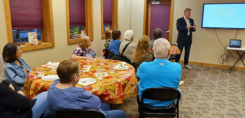 Nebraska author Joel Green entertained a group of St. Edward Public Library patrons with stories of Robber’s Cave, a Nebraska State Historical landmark in Lincoln. Green is the author of “Robber’s Cave: Truths, Legends, Recollections”.