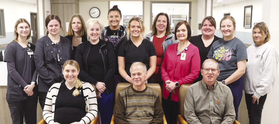 DOUBLE AWARD WINNER---( front, l. to r.) Angela Sucha PA-C, Dr. Troy Dawson and Dr. Roger Rudloff; (back) Nicole Miller, Kali Nedrow, Danielle Van Buren, Megan Funk, Katelyn Hurlbert, Madison Schaffer, Kristen Kester, Shelley Sands, Sarah Luebe, Kirstyn Evans and Trisha Murray. (NOTE: A photo with many of the AMH staff will be published next week.)