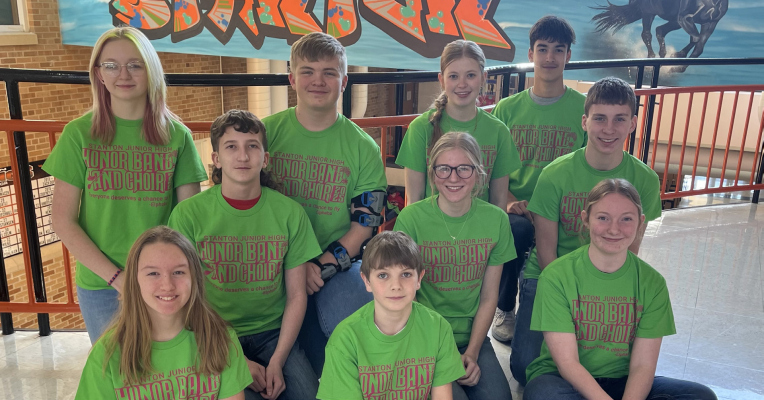 Students in attendance were: Back row - Evelyne Schaefer 8th grade clarinet, Xander Wright 7th grade baritone, Kinley Fox 8th grade alto saxophone, RJ Landauer 7th grade tenor saxophone. Middle row - Jaeden Reynoldson 8th grade baritone, Harper Olnes 8th grade french horn, Bentley Iverson 8th grade percussion. Front row - Lillian Kalvelage 7th grade clarinet, Carter Meyer 7th grade trumpet, Remi Stokes 8th grade baritone.