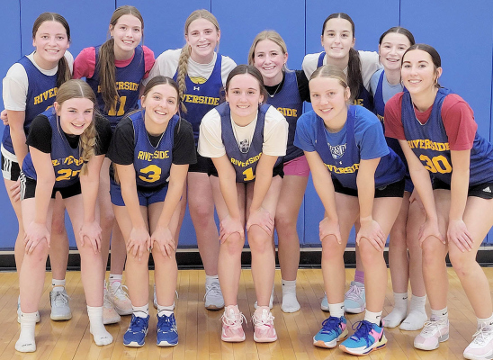 RIVERSIDE GIRLS BASKETBALL team this season includes (front, l.-r.) Emmee Reilly, Olivia Staub, Ashley Weltruski, Addy Seamann and Haylee Ray; (back) Brooklyn Weltruski, Michelle Esch, Ryann Mahony, Grace Mahony, Tess Weltruski and Ella Molt