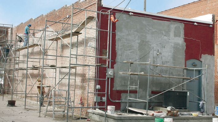A brick and stucco restoration project has been underway at the Albion Economic Development Corp. (AEDC) building downtown since last week. The contractor is tuck pointing the brick walls on the north and south walls, and is also restoring stucco on the east side and a portion of the north side. Signs for The Venue will be re-installed on the south wall when the work is completed.