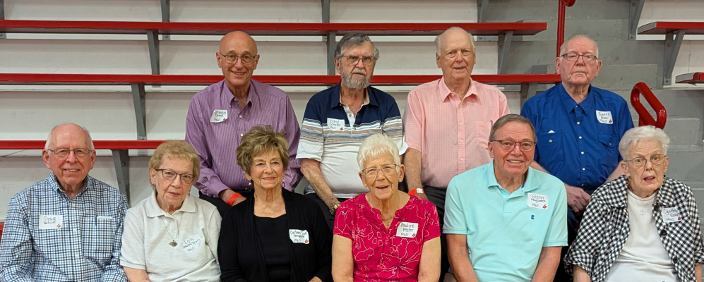 The Honored Class of 1960 alumni included, front row: Doug Wilson (our teacher), Lois Whited Kruse, Sue Anderson Henggeler, Pauline Morris Pelster, Glenn Magsamen, Cynthia Haas Kraus; and back row: Norm Choat, Errol Schafer, Loren Naber, Robert Kruse. At-tendees not pictured: Donna Michael Sullivan, Carol Miller Irlbeck, teachers Fern Medlin and Carol Lowery Quandt.