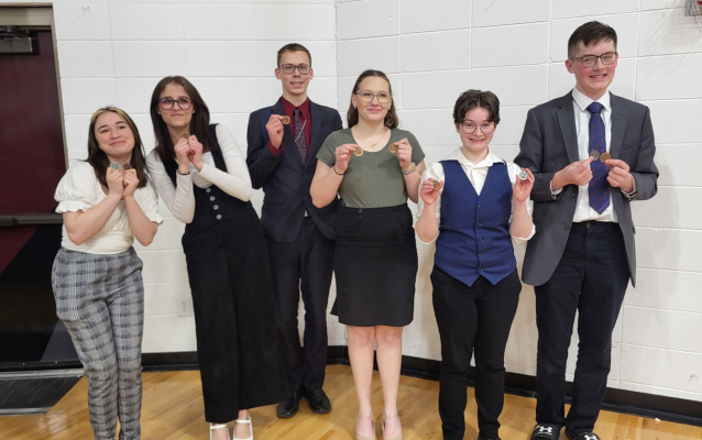 Pictured above are, Josie Sock 3rd place Serious Prose, Lakin Prososki 6th place Serious Prose, Noah Ketelsen 5th place Extemp, Rebekah Ketelsen 10th place Extemp and 11th place POI, Claire Tibor 6th place POI, and Kalvin Sindelar 5th Humorous. The OID of Kalvin, Claire, and Joie placed 2nd.