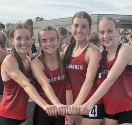 Pictured is the Boone Central girls’ 4x100 relay team which placed 3rd at the Northwest Dave Gee Invitational Track Meet. Their time of 49.23 broke the former school record by a substantial margin. Team members are: Ciara Baker, Reagan Hooker, Addy Hedlund, and Sophie Lyon.