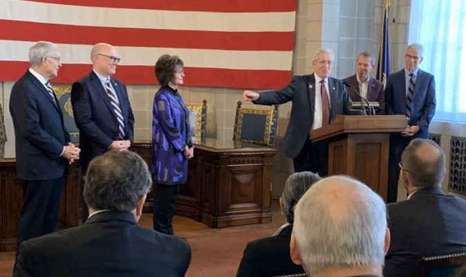 New senator Fred Meyer, with Governor Jim Pillen, other family and officials at his swearing in ceremony. Photo courtesy Flatwater Free PRess.