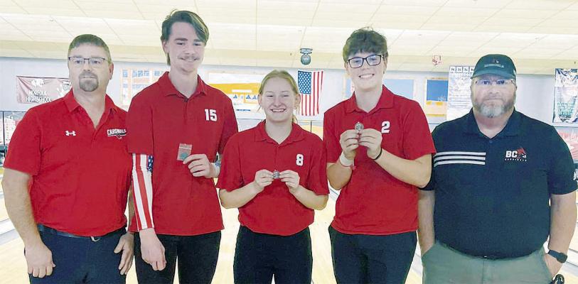 Three Boone Central bowlers qualified for the Nebraska State Tournament held this week in Lincoln. Cardinals competing at Sun Valley Lanes Feb. 5-8 are pictured above, along with Boone Central coaches. From left, Coach Mike Trollope, Colton Wissenburg, Serenity Strong, Preston Trollope, Coach Jason Anderson. (Courtesy photo)