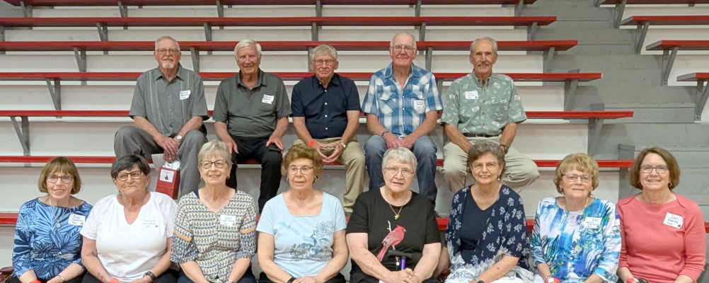 Honored Class of 1965 alumni included, front row (l to r): Joan (Philips) Chambers, Barbara Terry Ward, June (Tiede) Stroup, Deloris Shaver, Marcine (Loeffler) Jacobsen, Donna King, Rita (Reinhart) Hegemann and Joan Kennedy; and back row: Harold Beierman, James Kendrick, Larry “Steve” Erickson, Duane Ranslem and James Christo.