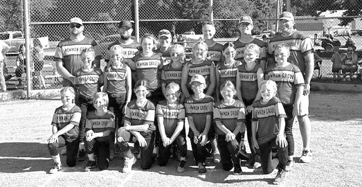 The Newman Grove-St. Edward Panther 10-and-Under girls softball team includes, front row (l to r): Hannah Sarniak, Blair Pierce, MaKaylee Korth, Lea Chilson, Karley Palmer, Marley Roberts, and Kenzie O’Brien-Jamison; second row: Faith Sarniak, Haylee Werts, Ali Chilson, Hazel Weier, Jovie Fritz, Kaylynn Steensnes, Sophia Guthard, and Tru Schlee; and back row: Coaches- Nick Korth, Carter Fritz, Cindy Chilson, Kelli Schlee, Dan Weier and Chris Tenski.
