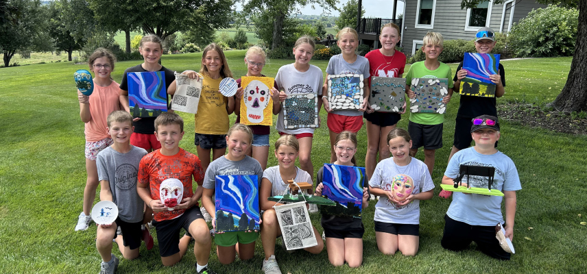 At this last week’s Art Camp, back row (l to r): Eliza Jarecki, Katelynn Oldaker, Morgan Michael, Harper Nelson, Maggie Krohn, Leighton Fox, Kamryn Knott, Keegan Knott, Henry Nelson; and front row: Lane Carlson, Tate Porter, Alden Greene, Faith Sarniak, Sloane Kruse, Charolette Sandman, Wyatt Brogan. Not pictured —Quinn Liss.