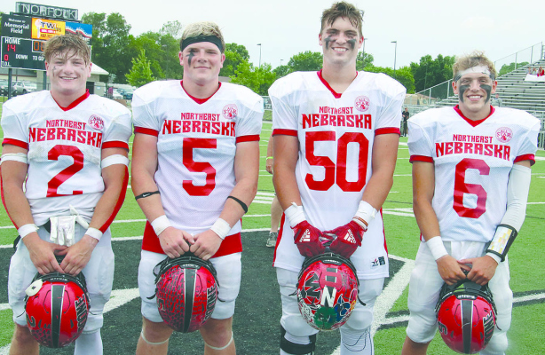 BOONE CENTRAL 2024 graduates (l.-r.) Parker Borer, Hank Hudson, Trent Patzel and James Fogleman were standouts at the Northeast Nebraska All-Star Football Classic at Norfolk last Saturday.