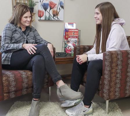PREPARING FOR SUCCESS -- UNK student success coordinator Julie Everett, left, meets regularly with Karlie Wies and other freshmen, providing an additional level of support as they transition to college. (Photo by Erika Pritchard, UNK Communications)