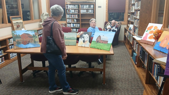 Visitors to the St. Edward Library 100th anniversary event were treated to an exhibition of art from students of the library’s adult art class, as well as work from local artists Kendra Roberts and Virginia and Francis Whidden.