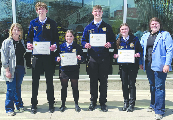 STATE FFA DEGREE recipients from Newman Grove this year are (l.-r.) Austin Wiese, Cora Patzel, Trent Patzel and Christyann Anderson. They are flanked by former FFA advisor (now school counselor) Kylie Sweeter, l., and FFA advisor Mikayla Martinsen, r.