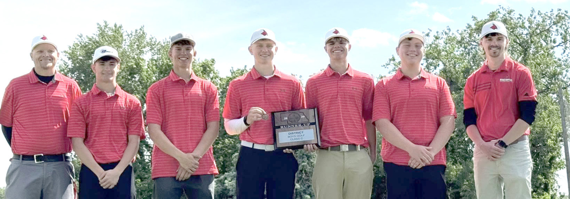 Boone Central Golf Team: Coach Eric Albers, Preston Hooker, Dayton Choat, Riley Nelson, Jace Rasmussen, Dalton Rolf and Coach Karsen Klooz. Photo from Boone Central social media, of District finsih.