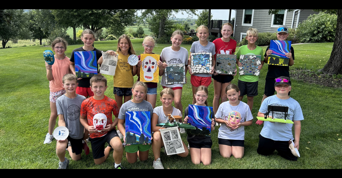 At this last week’s Art Camp, back row (l to r): Eliza Jarecki, Katelynn Oldaker, Morgan Michael, Harper Nelson, Maggie Krohn, Leighton Fox, Kamryn Knott, Keegan Knott, Henry Nelson; and front row: Lane Carlson, Tate Porter, Alden Greene, Faith Sarniak, Sloane Kruse, Charolette Sandman, Wyatt Brogan. Not pictured —Quinn Liss.